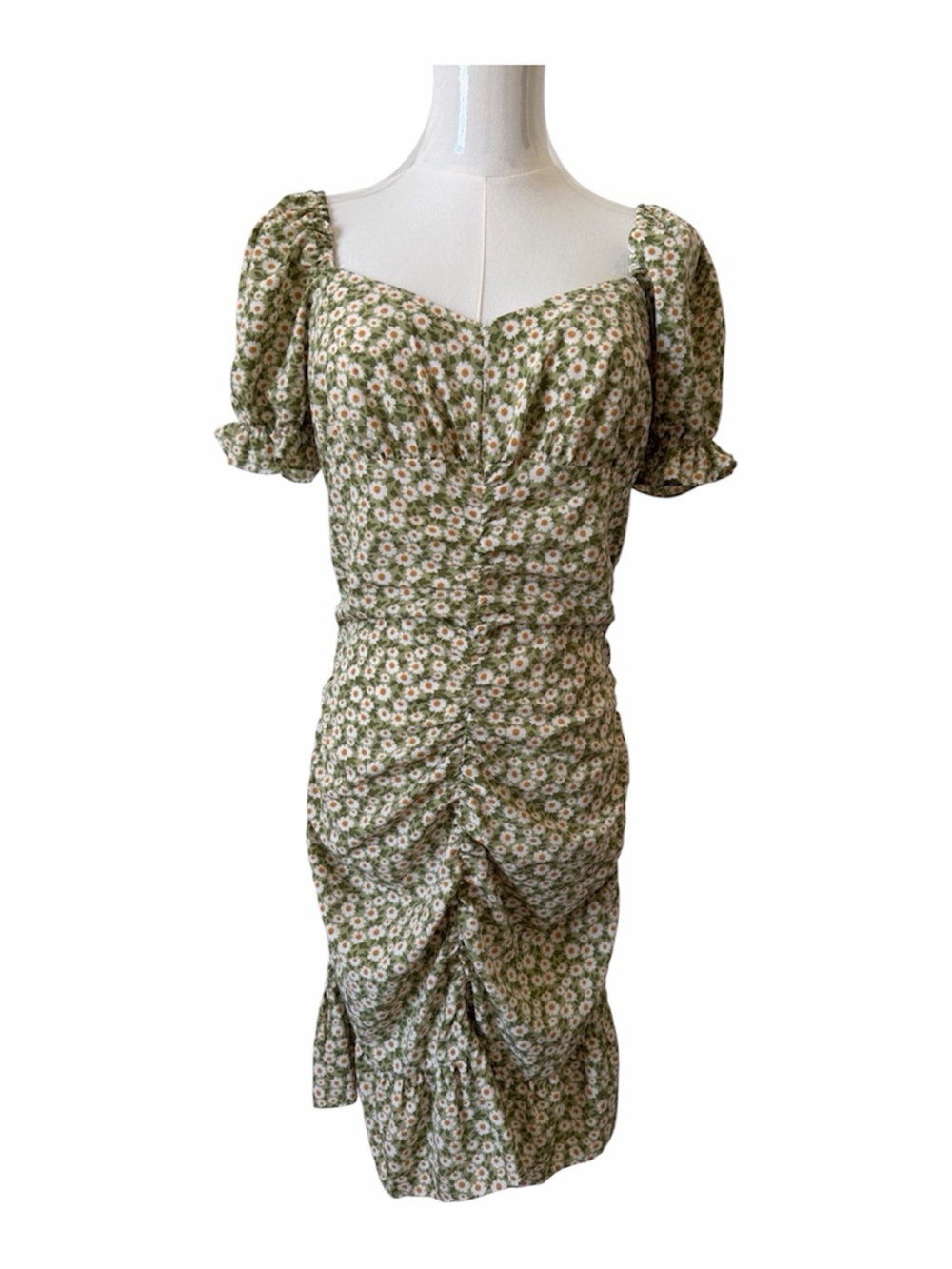 Green Floral Ruched Puff-Sleeve Midi Dress Size L